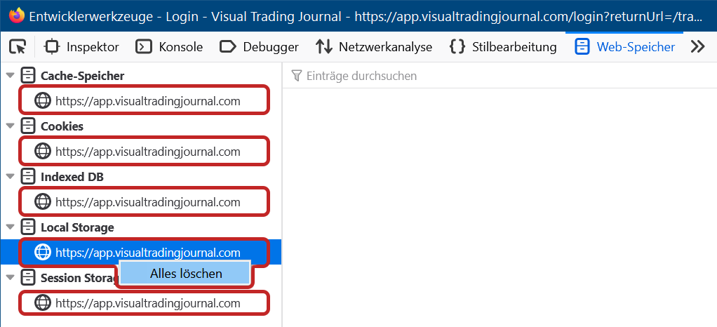 Firefox-Web-Entwickler Daten löschen