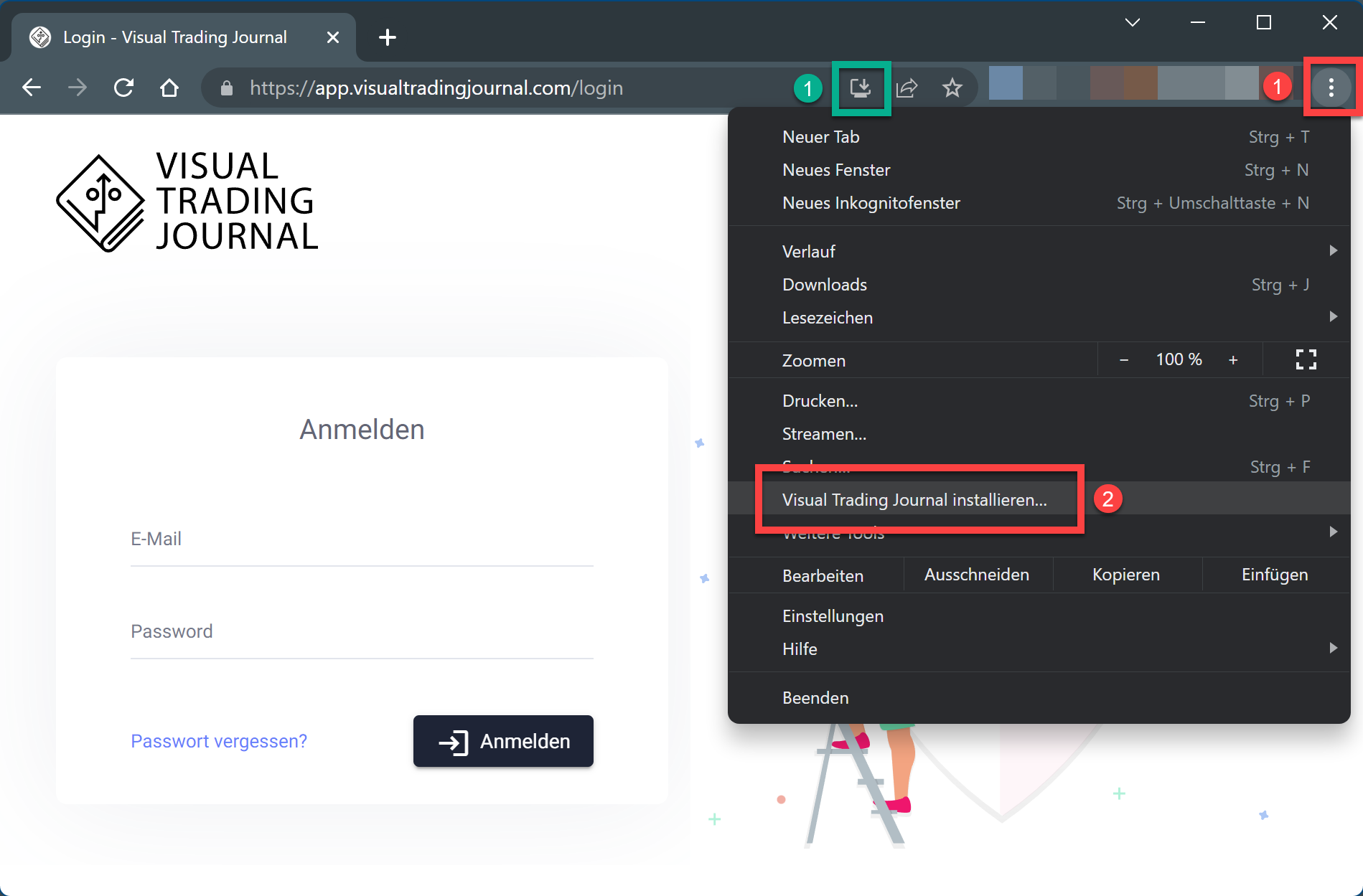 Visual Trading Journal über Google Chrome als App installieren